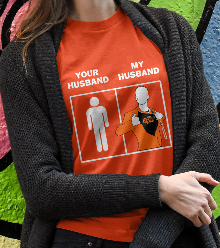 Oklahoma State Cowboys Your Husband My Husband OSU Logo Superhero Orange Suit T-Shirt