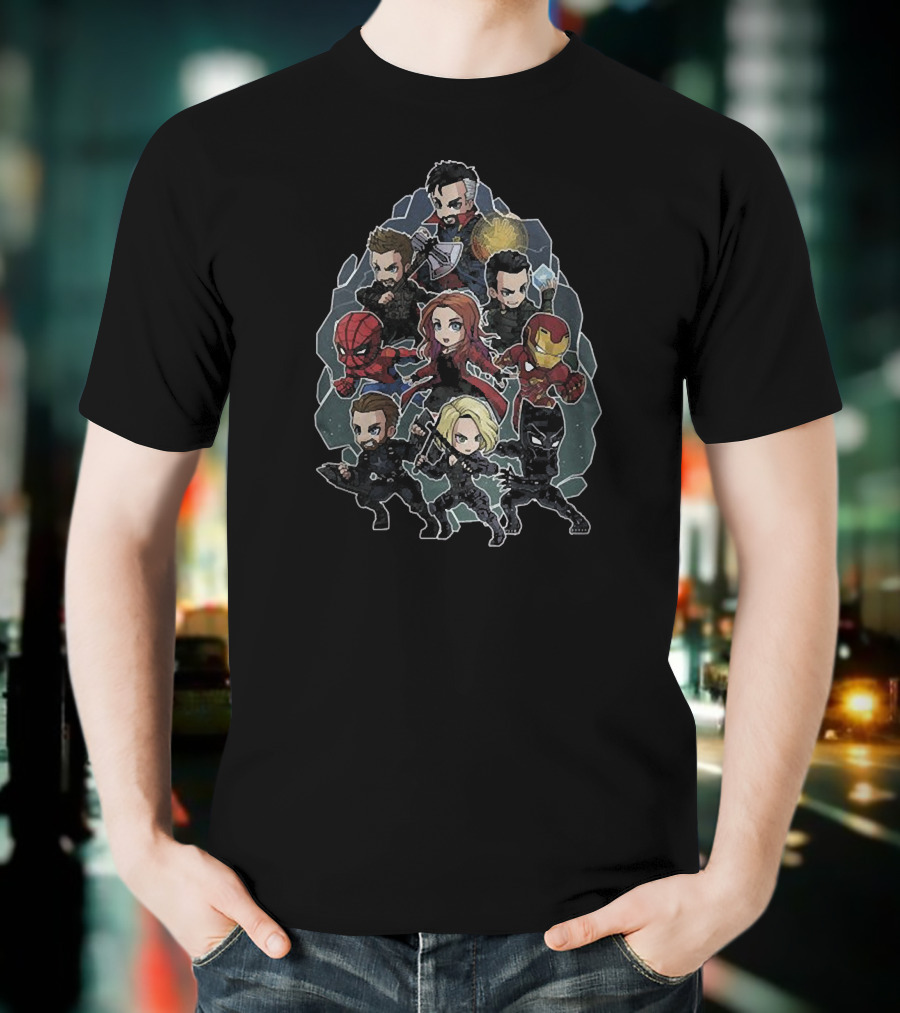 Avengers Chibi Characters With Iron Man Spider-Man And Black Widow T-Shirt
