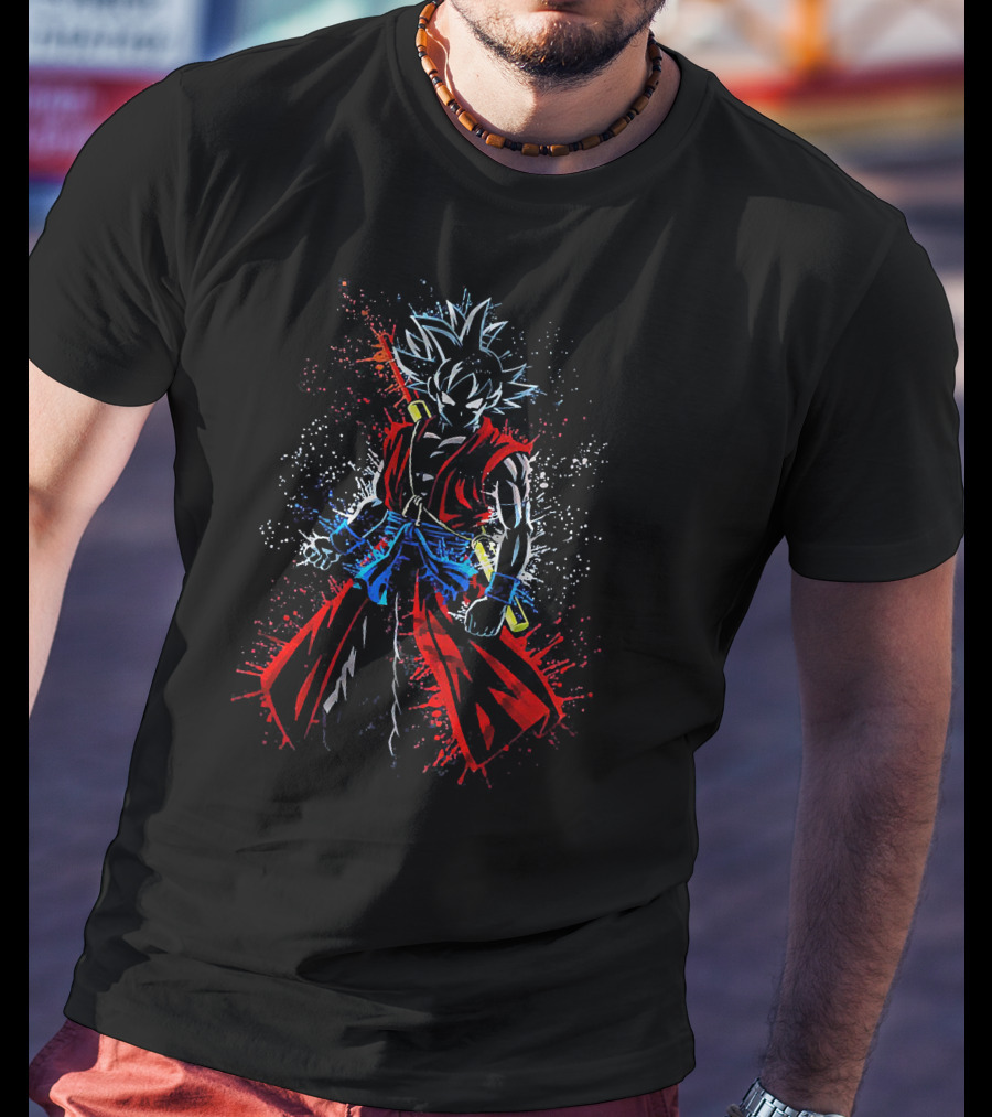 Son Goku Samurai Warrior Fusion With Epic Sword And Dynamic Splash Brush Strokes T-Shirt