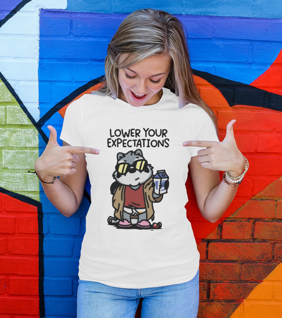 Lower Your Expectations Cartoon Character With Sunglasses And Milk Carton T-Shirt
