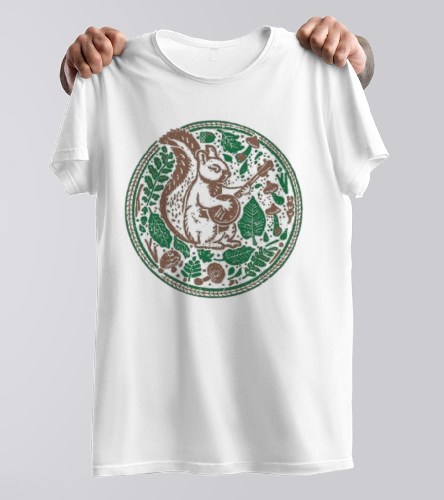 Squirrel Playing Banjo Nature Acorns Leaves Mushrooms T-Shirt