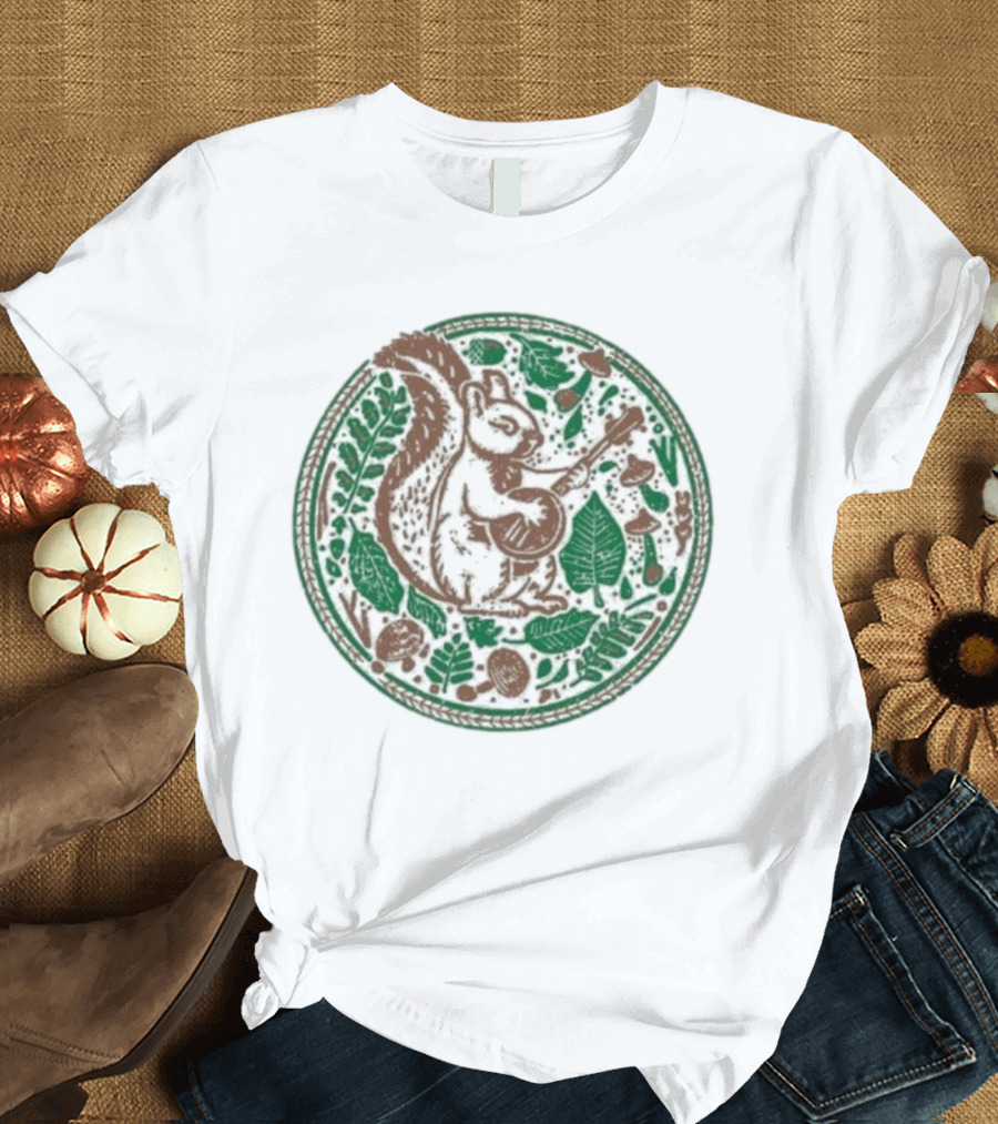 Squirrel Playing Banjo Nature Acorns Leaves Mushrooms T-Shirt