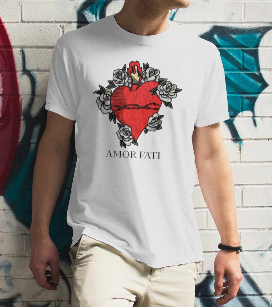Amor Fati Sacred Heart Barbed Wire Roses Flame T-Shirt