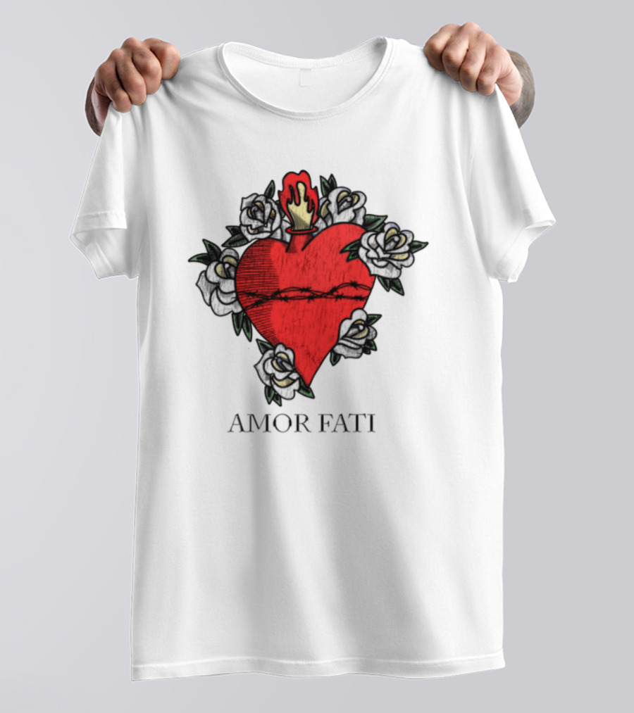 Amor Fati Sacred Heart Barbed Wire Roses Flame T-Shirt