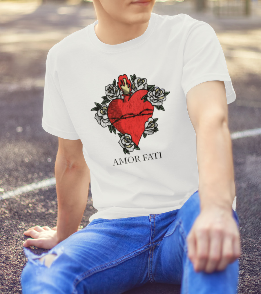 Amor Fati Sacred Heart Barbed Wire Roses Flame T-Shirt