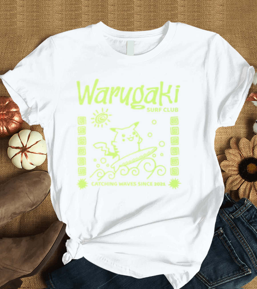 Warugaki Surf Club Pikachu Surfing Illustration Sun And Waves T-Shirt