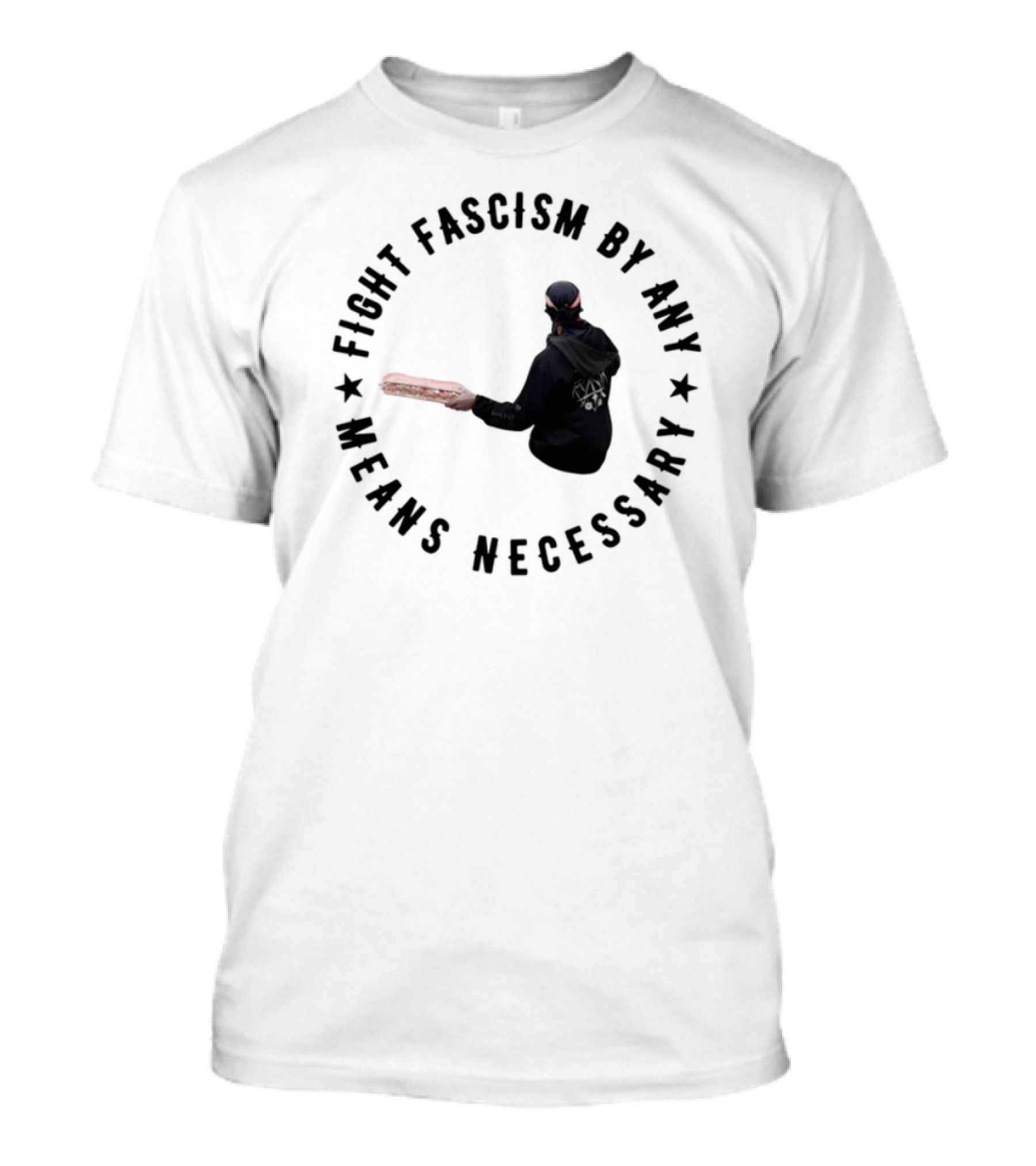 Fight Fascism By Any Means Necessary Red Bat Masked Figure T-Shirt