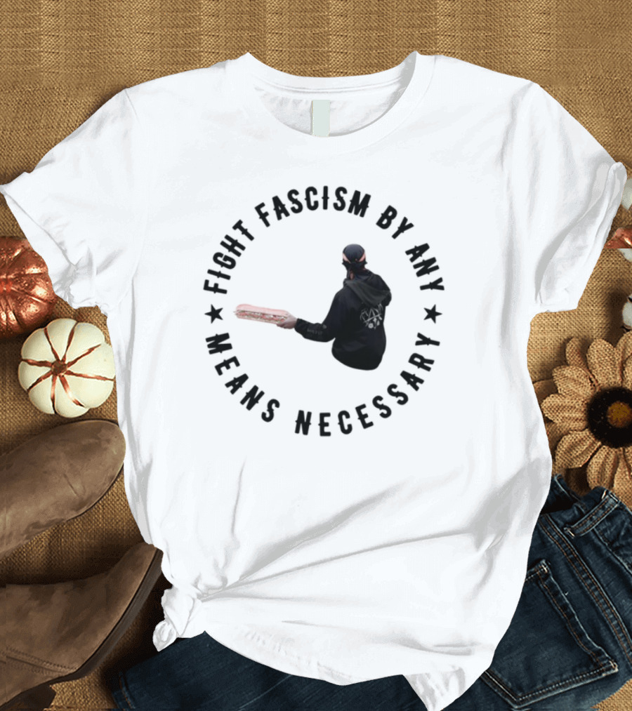 Fight Fascism By Any Means Necessary Red Bat Masked Figure T-Shirt