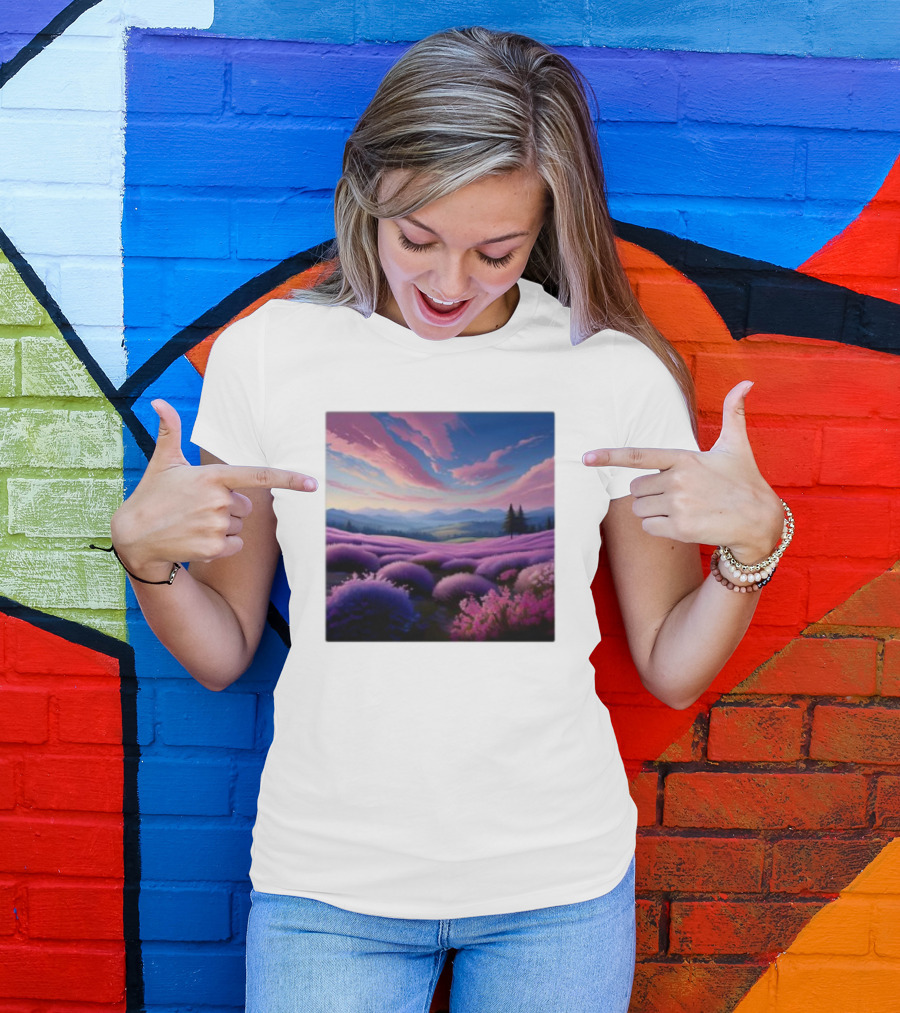 Her Radiant Bloom Lavender Sunset Landscape With Pink And Purple Sky T-Shirt