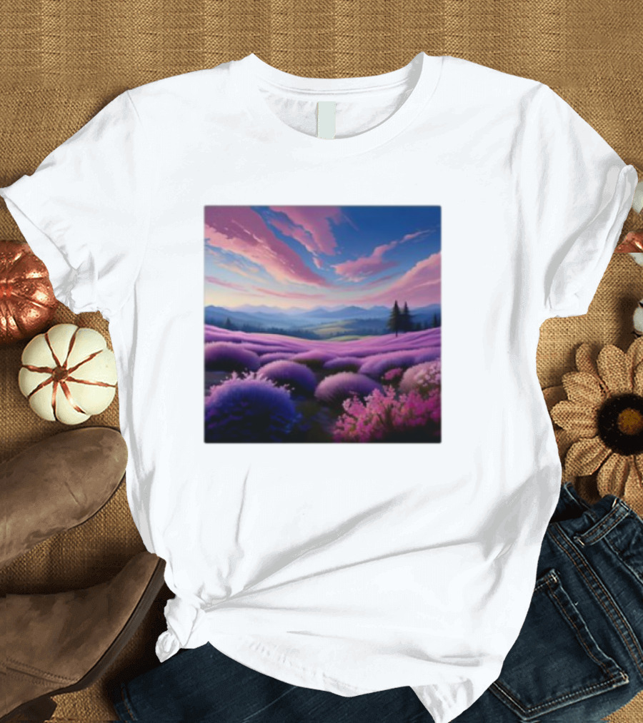 Her Radiant Bloom Lavender Sunset Landscape With Pink And Purple Sky T-Shirt
