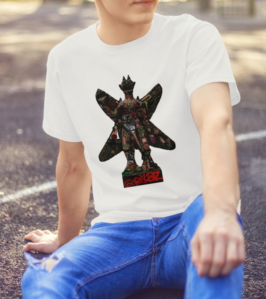Gorillaz Iconic Pazuzu Figure With Music And Cultural Symbols T-Shirt