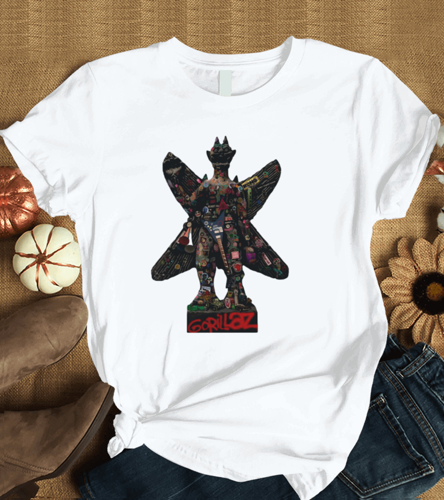 Gorillaz Iconic Pazuzu Figure With Music And Cultural Symbols T-Shirt