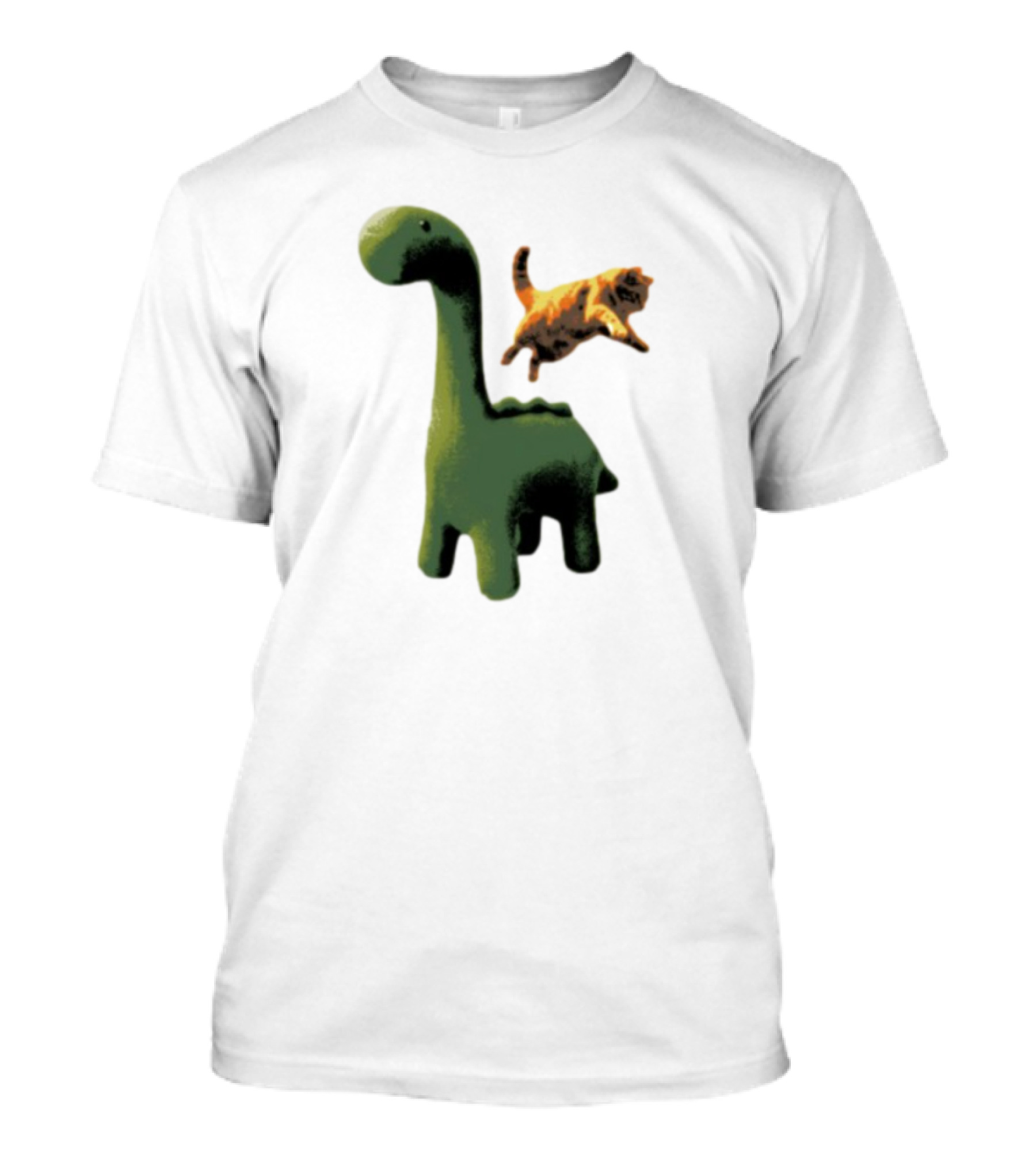 Abram Engle Kurt Dino Green Dinosaur With Leaping Orange Cat T-Shirt
