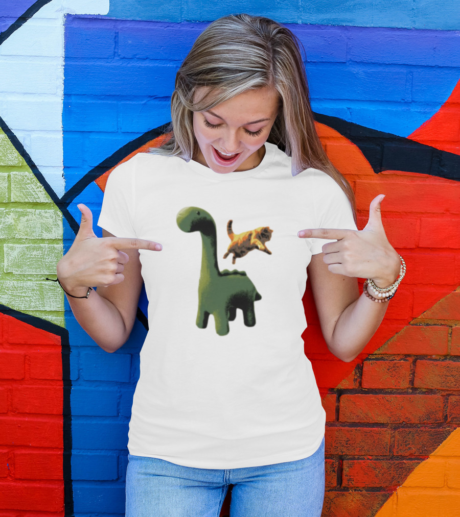 Abram Engle Kurt Dino Green Dinosaur With Leaping Orange Cat T-Shirt