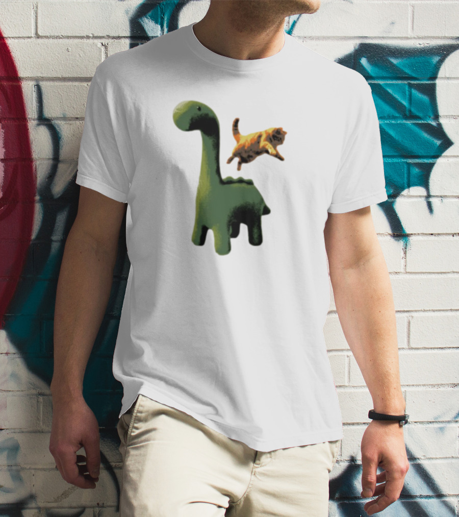 Abram Engle Kurt Dino Green Dinosaur With Leaping Orange Cat T-Shirt