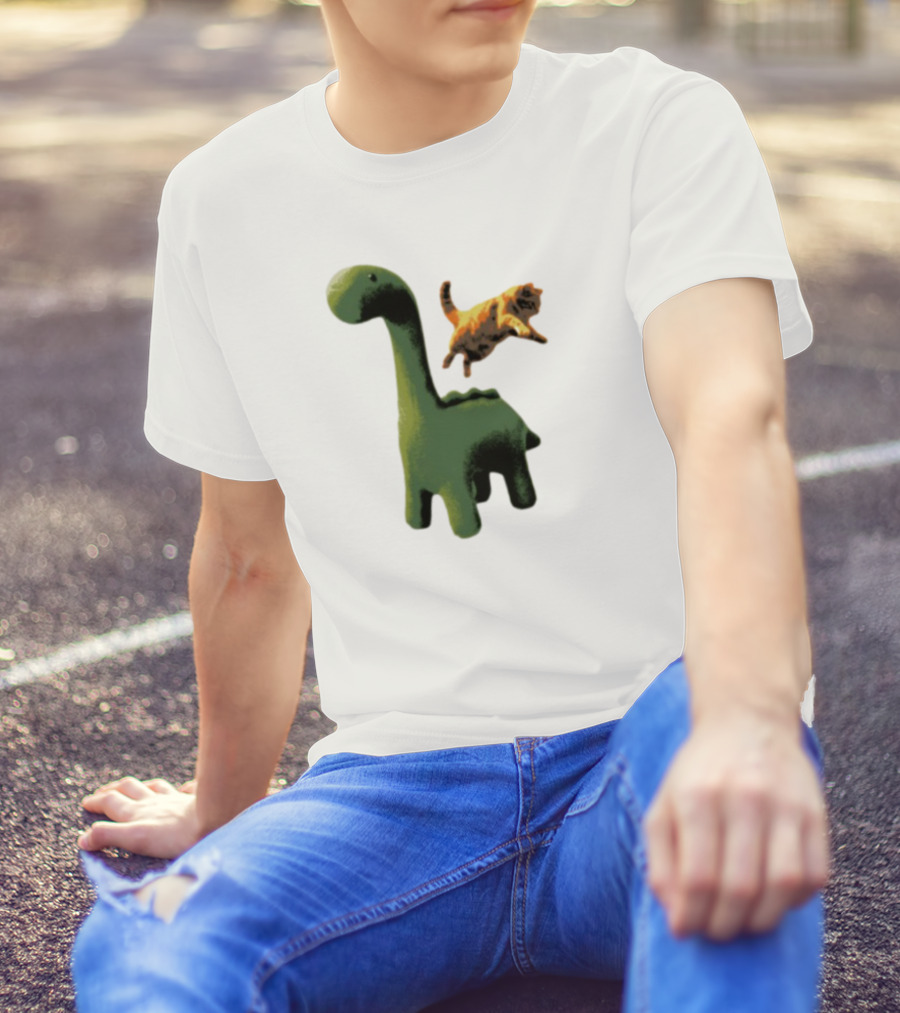 Abram Engle Kurt Dino Green Dinosaur With Leaping Orange Cat T-Shirt
