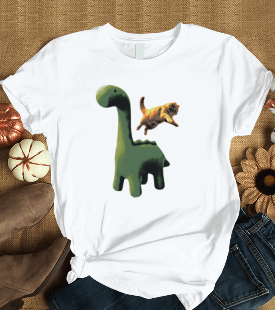 Abram Engle Kurt Dino Green Dinosaur With Leaping Orange Cat T-Shirt