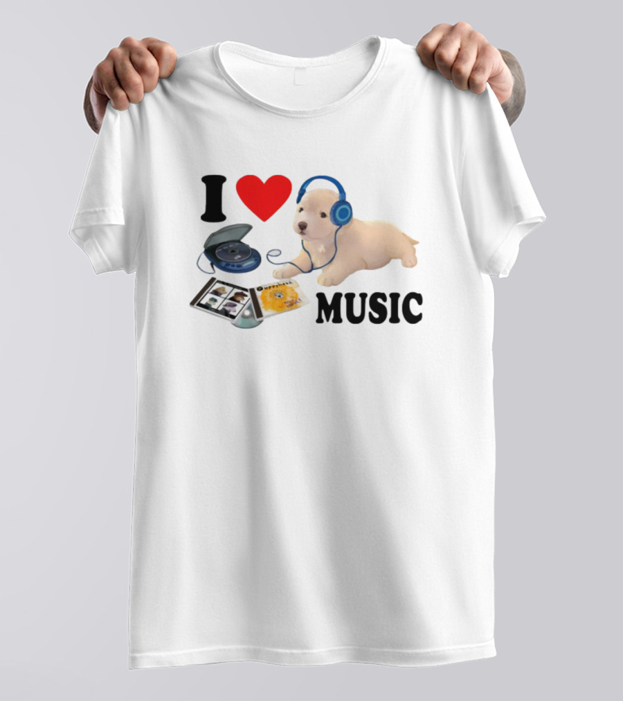 I Love Music Dog Headphones CD Player Album Puppy T-Shirt