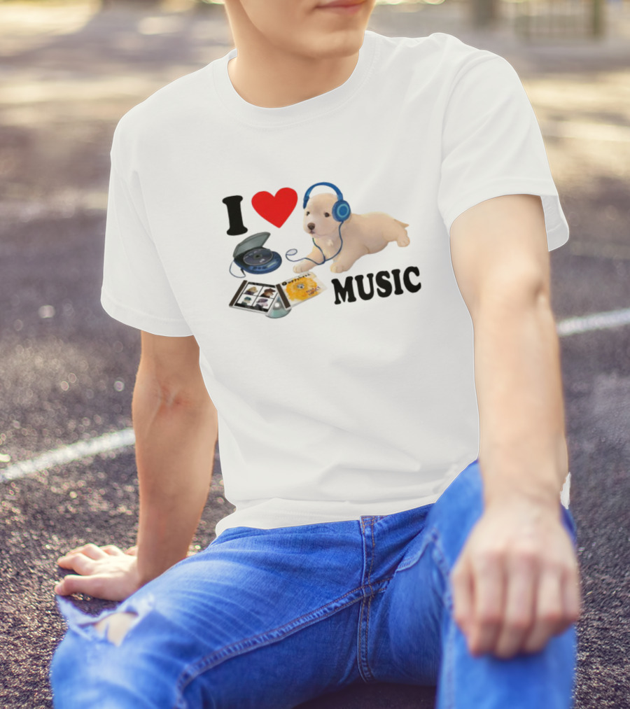 I Love Music Dog Headphones CD Player Album Puppy T-Shirt