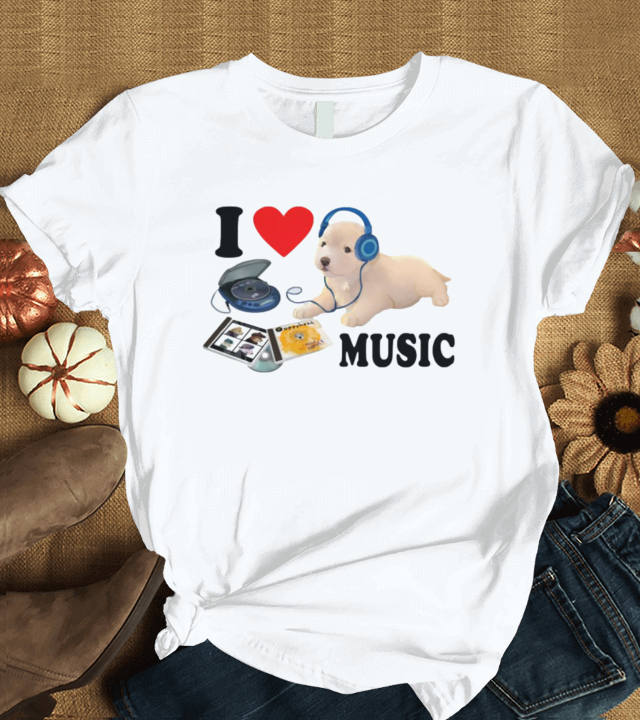 I Love Music Dog Headphones CD Player Album Puppy T-Shirt
