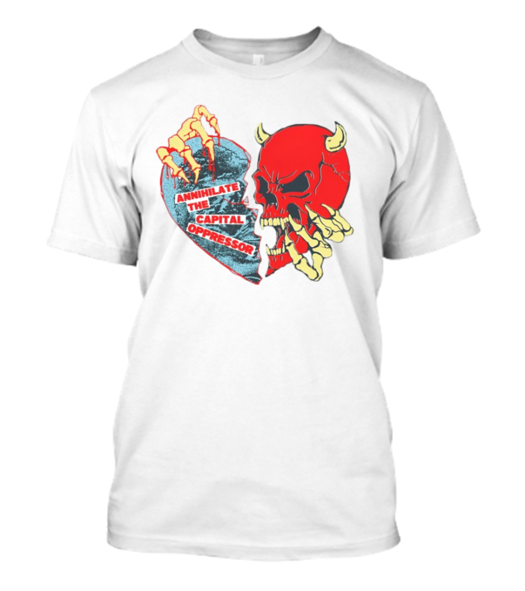 Annihilate The Capital Oppressor Red Skull And Skeleton Heart Design T-Shirt