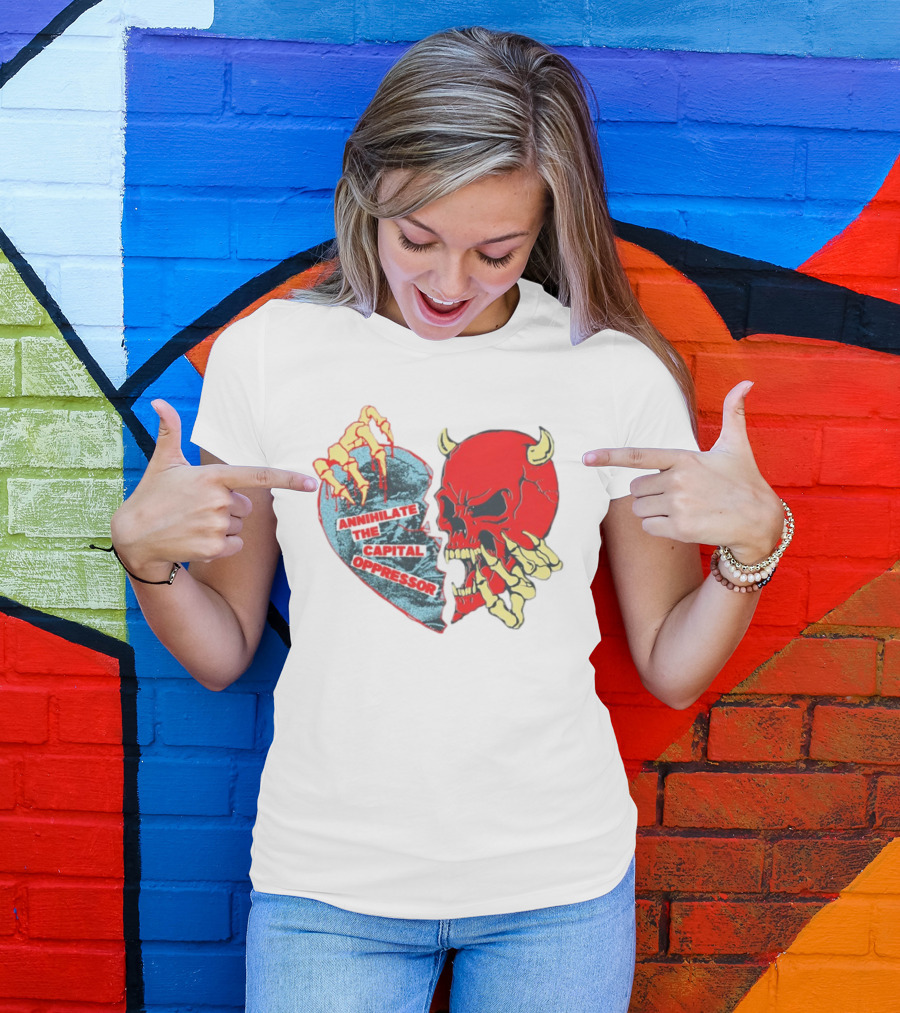 Annihilate The Capital Oppressor Red Skull And Skeleton Heart Design T-Shirt
