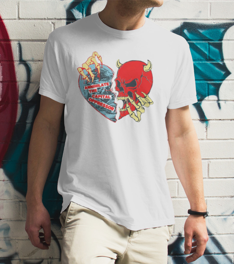 Annihilate The Capital Oppressor Red Skull And Skeleton Heart Design T-Shirt