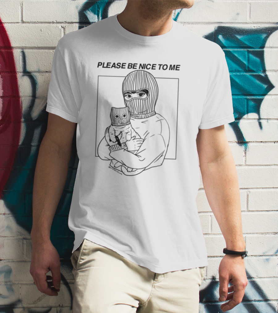 Please Be Nice To Me Masked Figure Hugging Cat T-Shirt