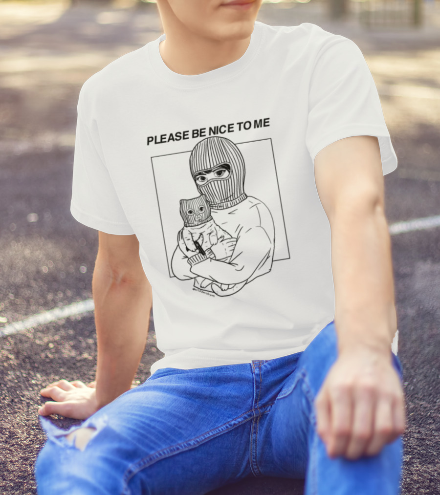 Please Be Nice To Me Masked Figure Hugging Cat T-Shirt
