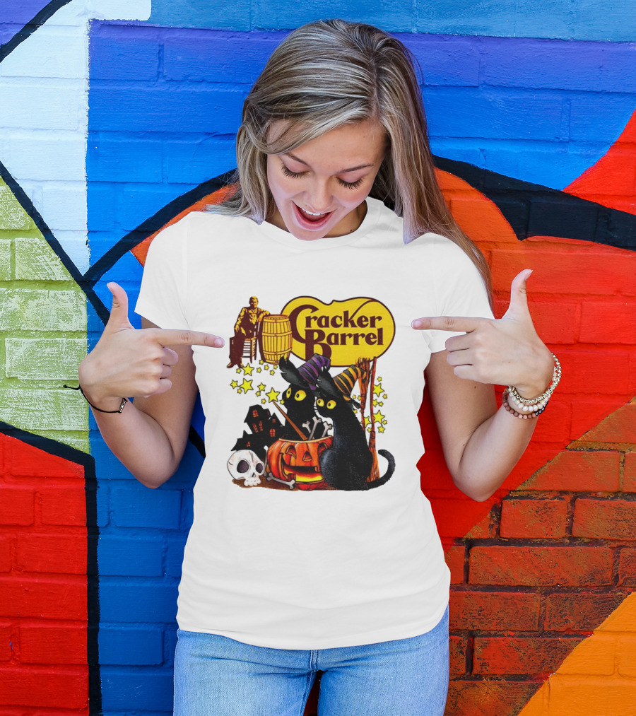 Cracker Barrel Halloween 2025 Black Cat Witches Pumpkin Stars Skulls T-Shirt