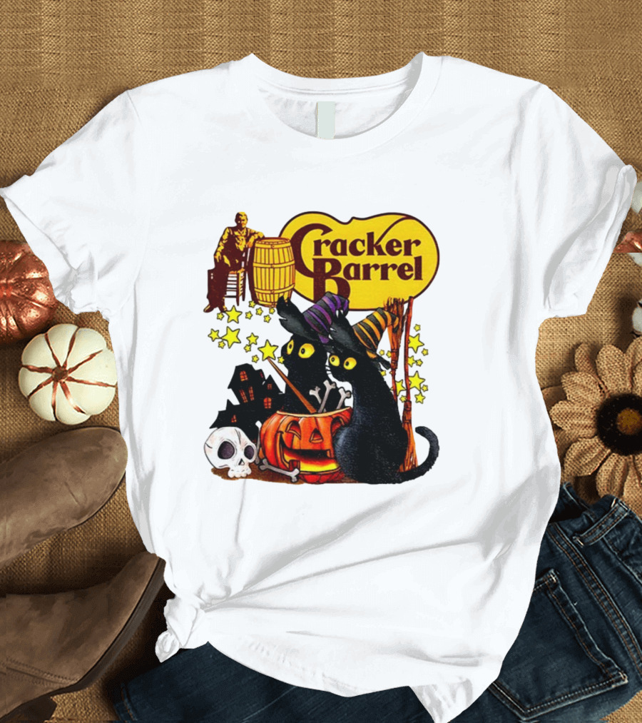 Cracker Barrel Halloween 2025 Black Cat Witches Pumpkin Stars Skulls T-Shirt