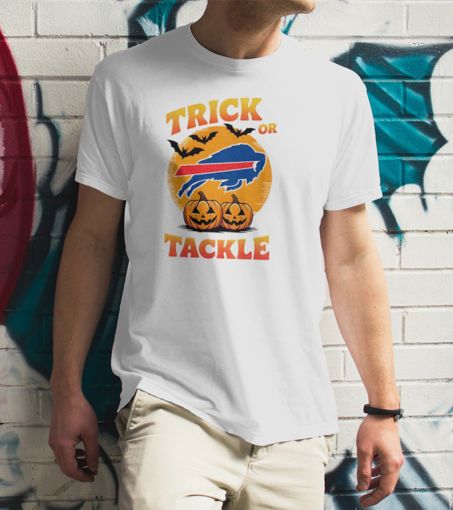 Buffalo Bills Trick Or Tackle Halloween Pumpkins And Bats T-Shirt