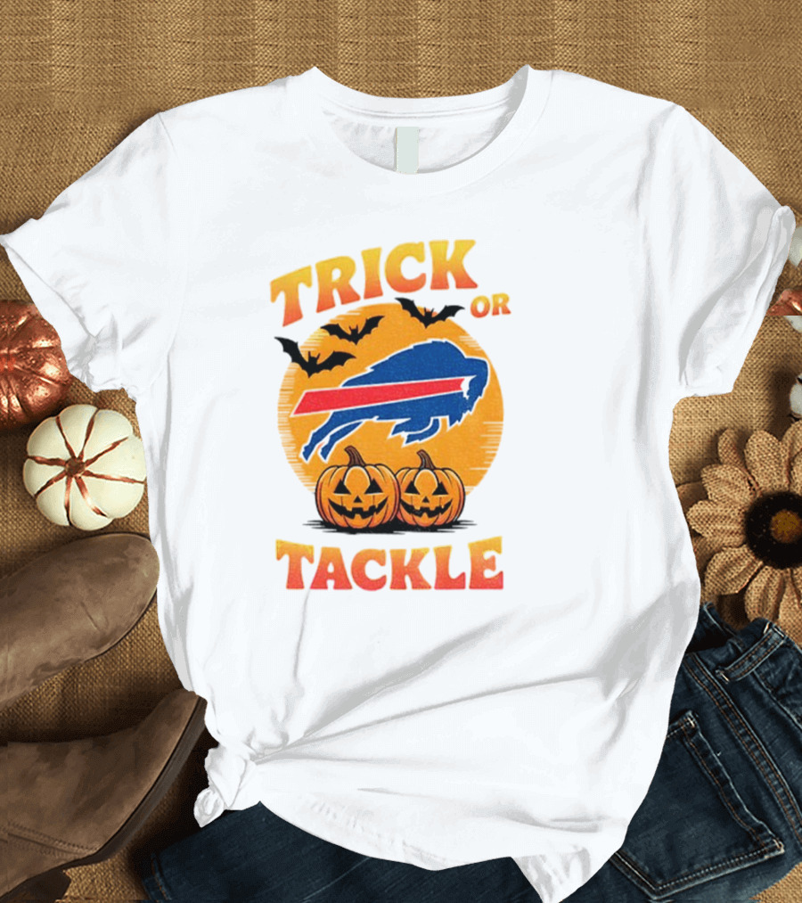 Buffalo Bills Trick Or Tackle Halloween Pumpkins And Bats T-Shirt