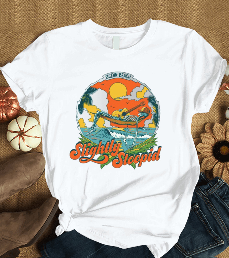 Slightly Stoopid Ocean Beach Skeleton Hammock Sun Guitar T-Shirt