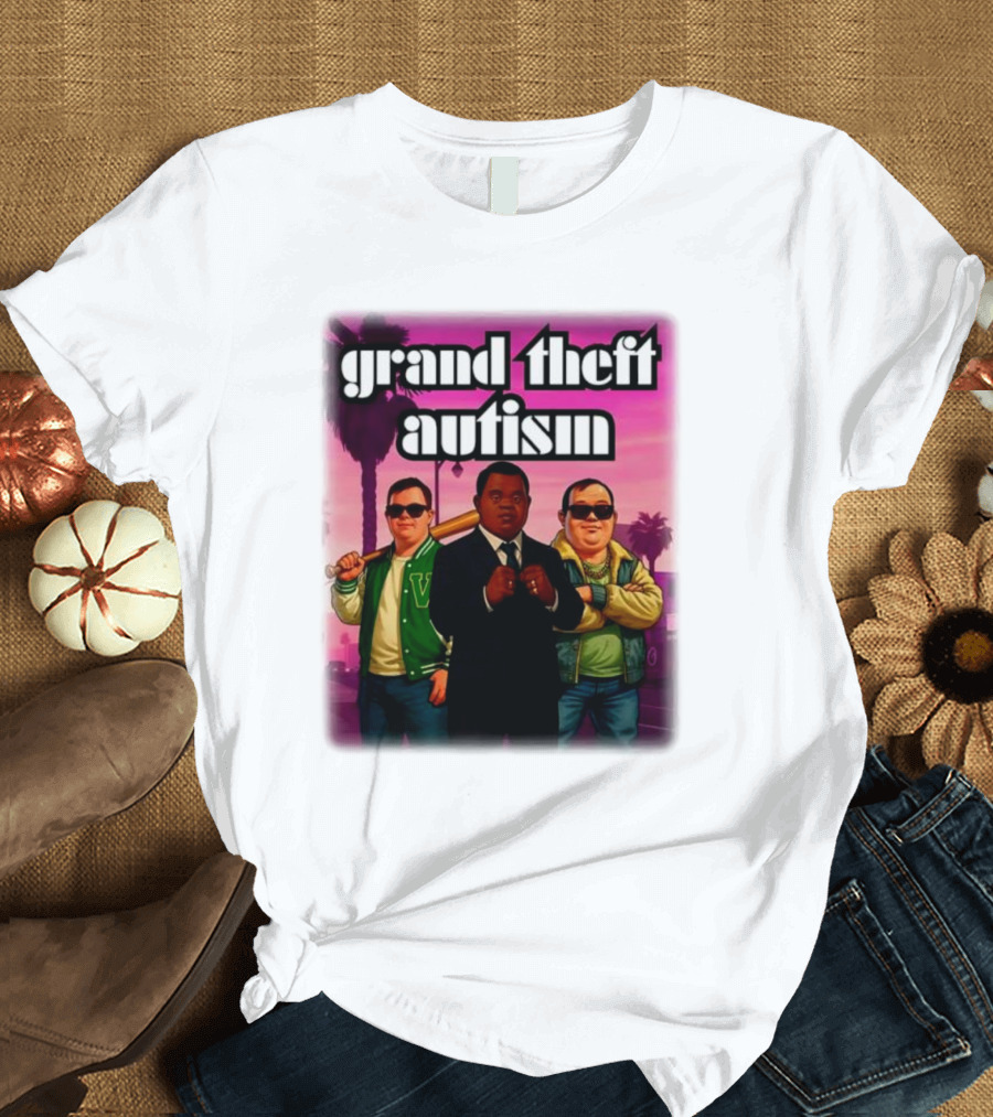 Grand Theft Autism Characters In Iconic Urban Setting T-Shirt