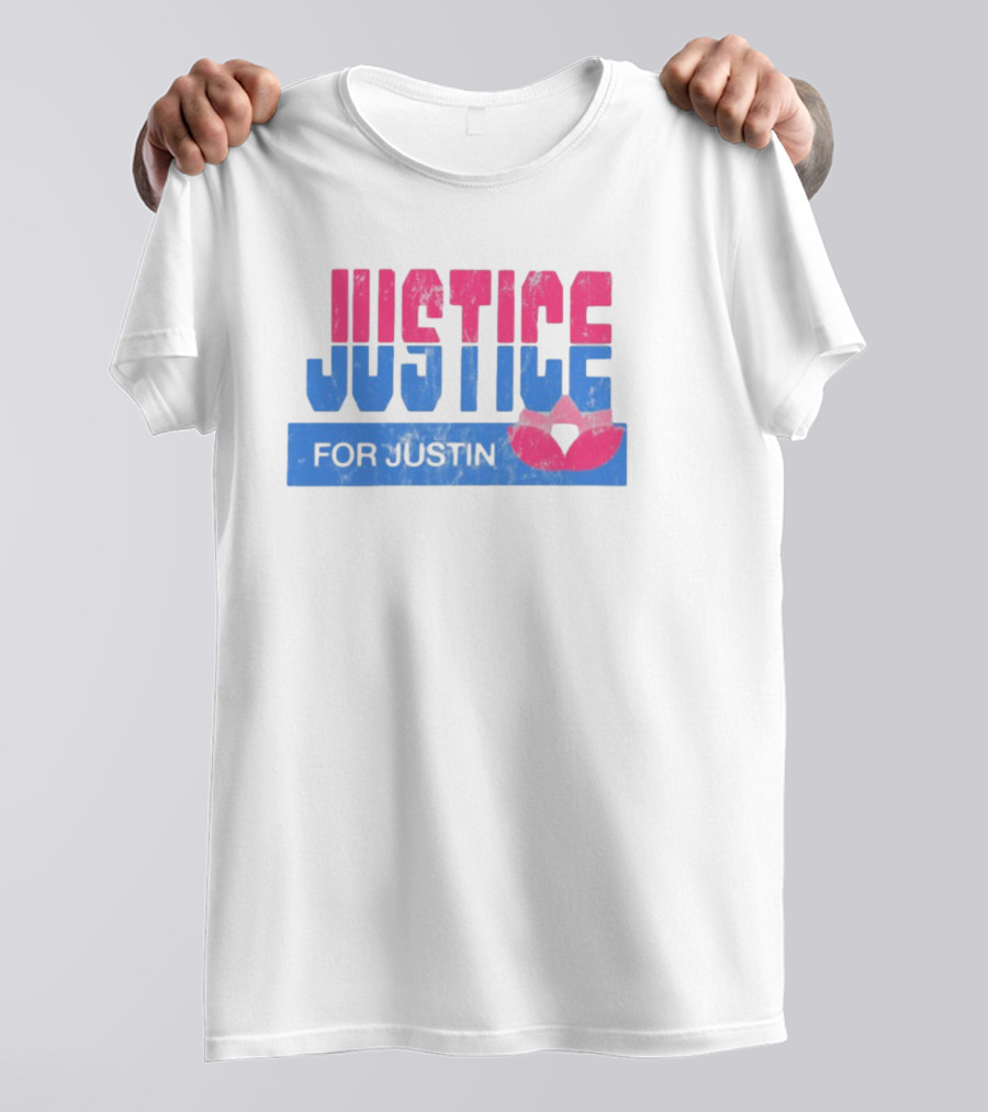 Justice For Justin LGBTQ Pride Pink And Blue Bold Text With Heart Symbol T-Shirt