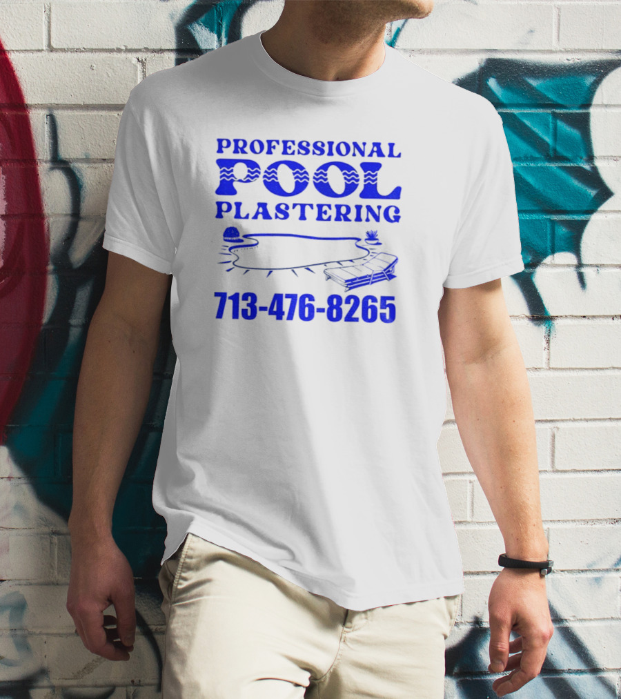 PROFESSIONAL POOL PLASTERING 713-476-8265 POOL OUTLINE COCKTAIL AND PALM TREE ICONS T-Shirt