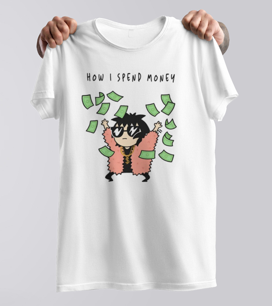 Sarah Andersen How I Spend Money Comic Character Pink Coat Dollar Bills Falling T-Shirt