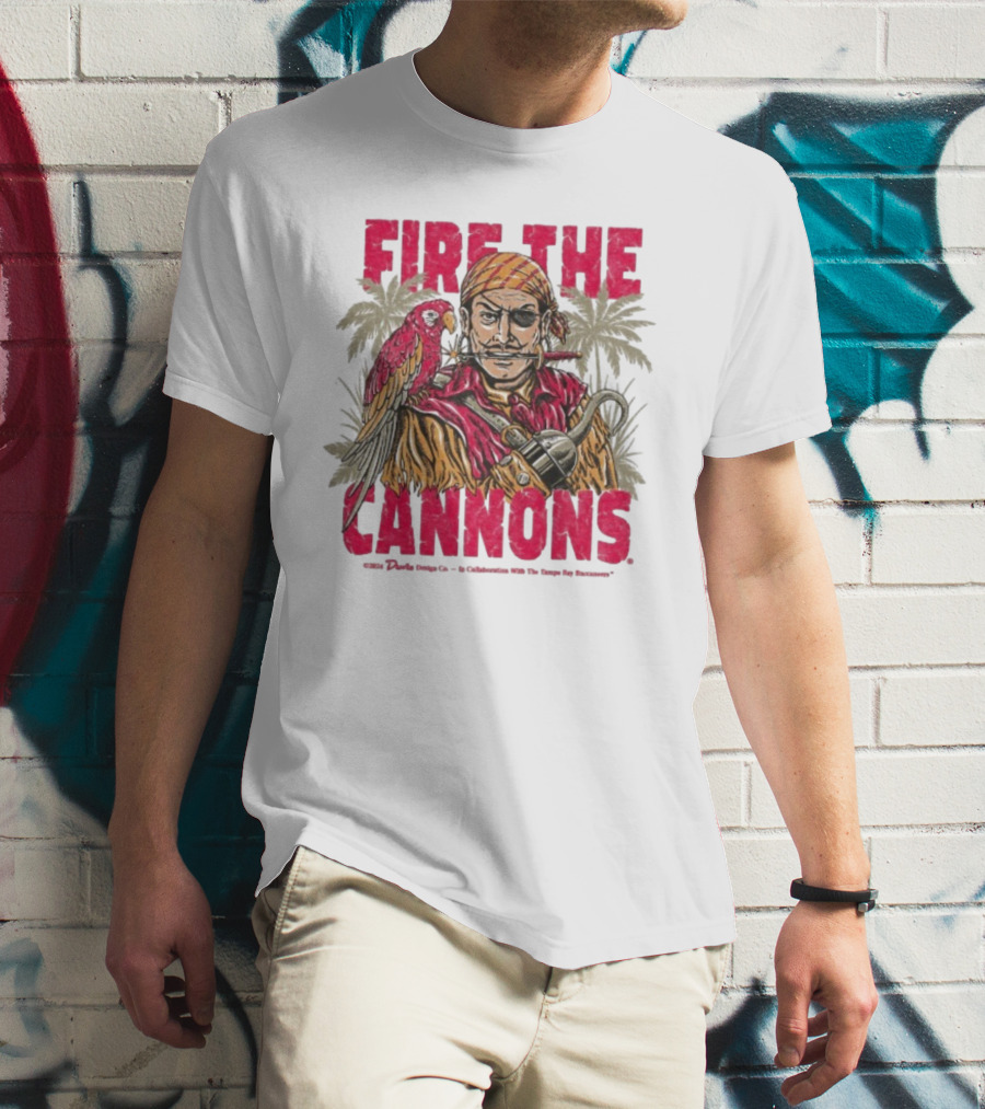 Fire The Cannons Buccaneers Pirate Parrot Palm Trees T-Shirt