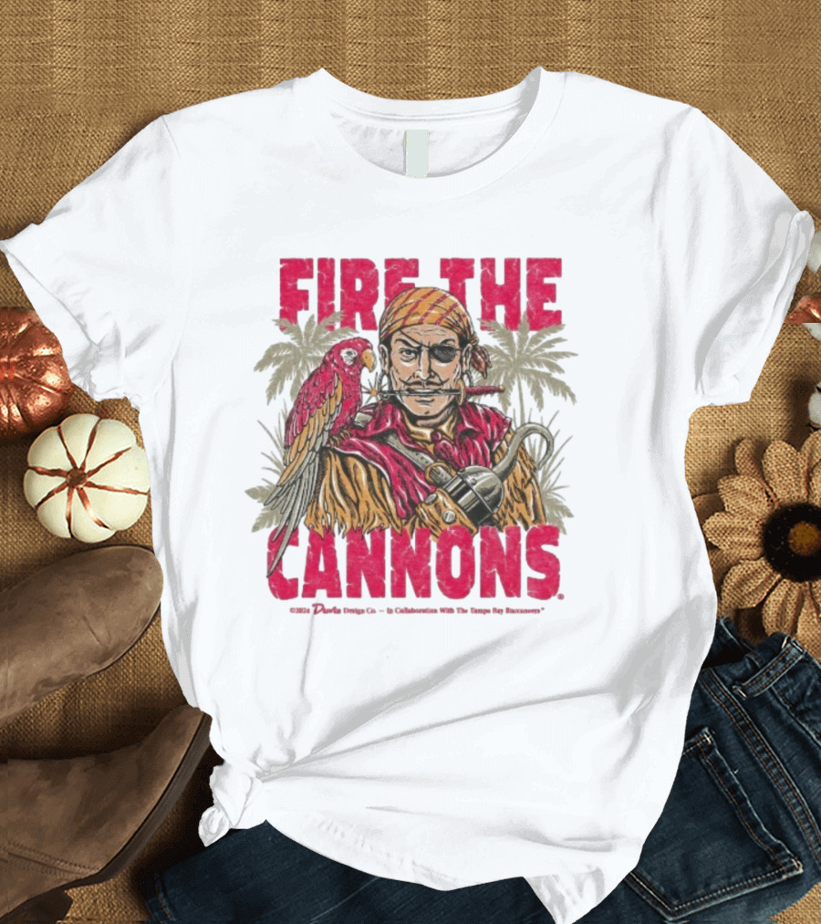 Fire The Cannons Buccaneers Pirate Parrot Palm Trees T-Shirt