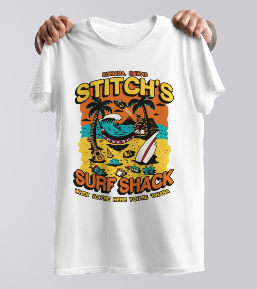 Kokaua Hawaii Stitch's Surf Shack When You're Here You're 'Ohana T-Shirt