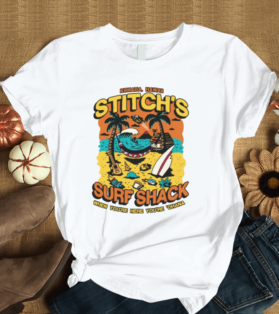 Kokaua Hawaii Stitch's Surf Shack When You're Here You're 'Ohana T-Shirt