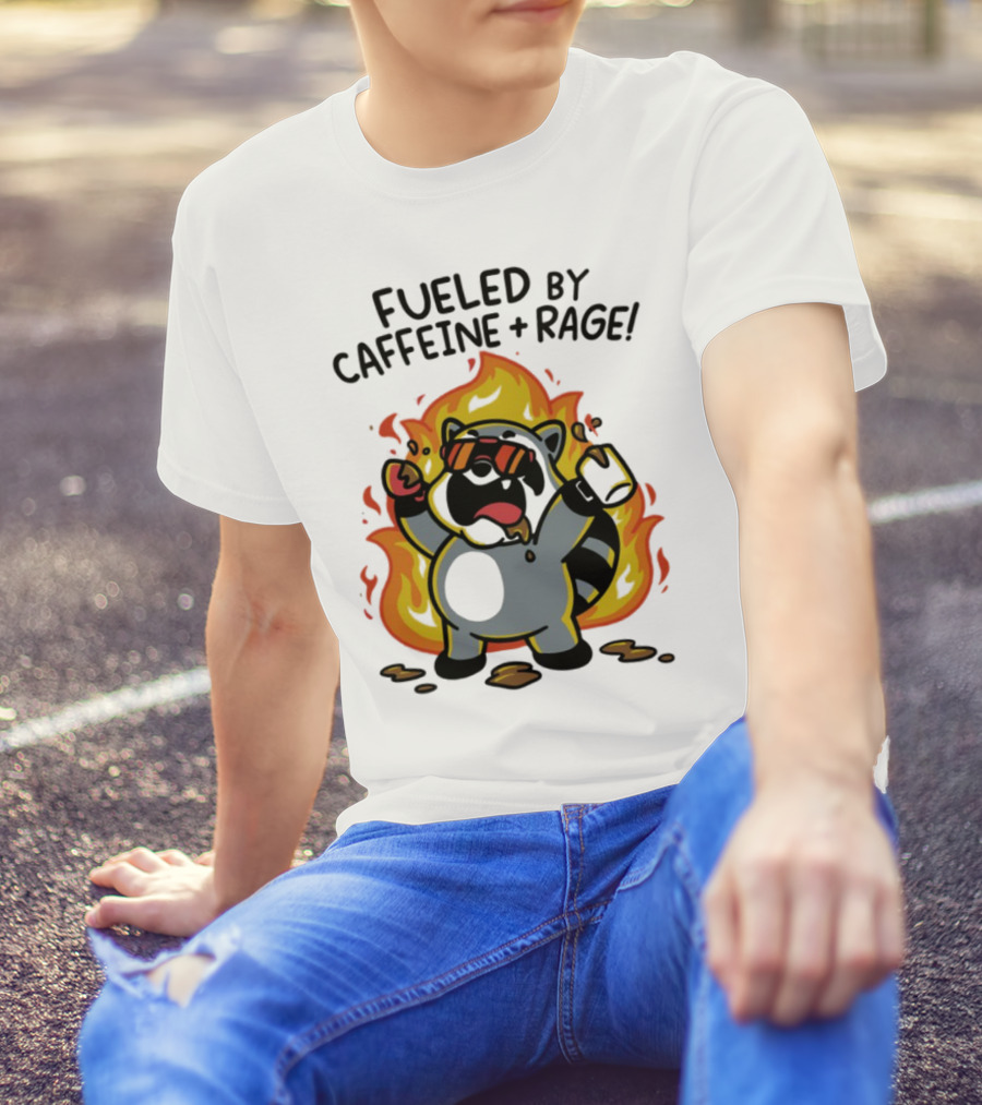 Fueled By Caffeine & Rage Cartoon Raccoon On Fire With Sunglasses T-Shirt