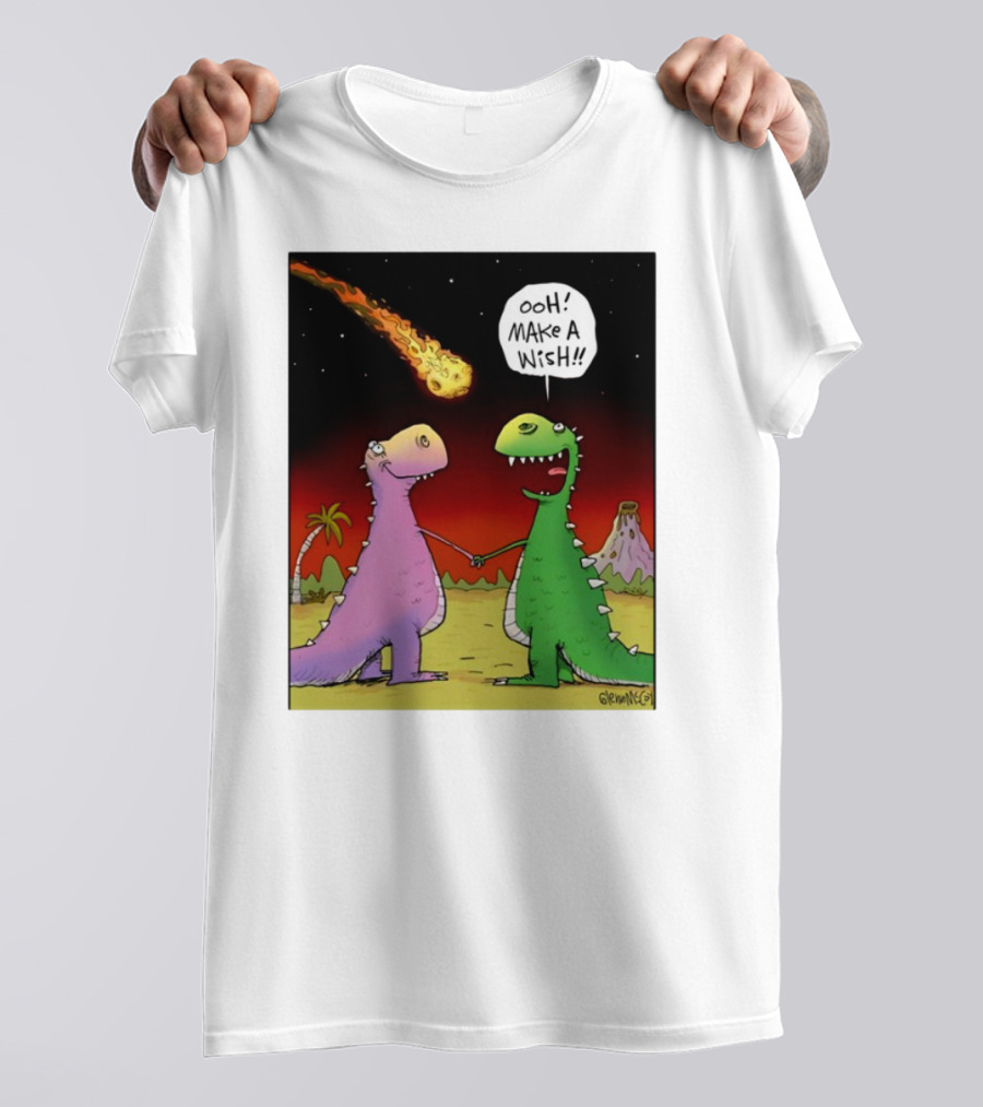 Glenn Mccoy Dinosaur Cartoon Ooh Make A Wish Meteorite Scene T-Shirt