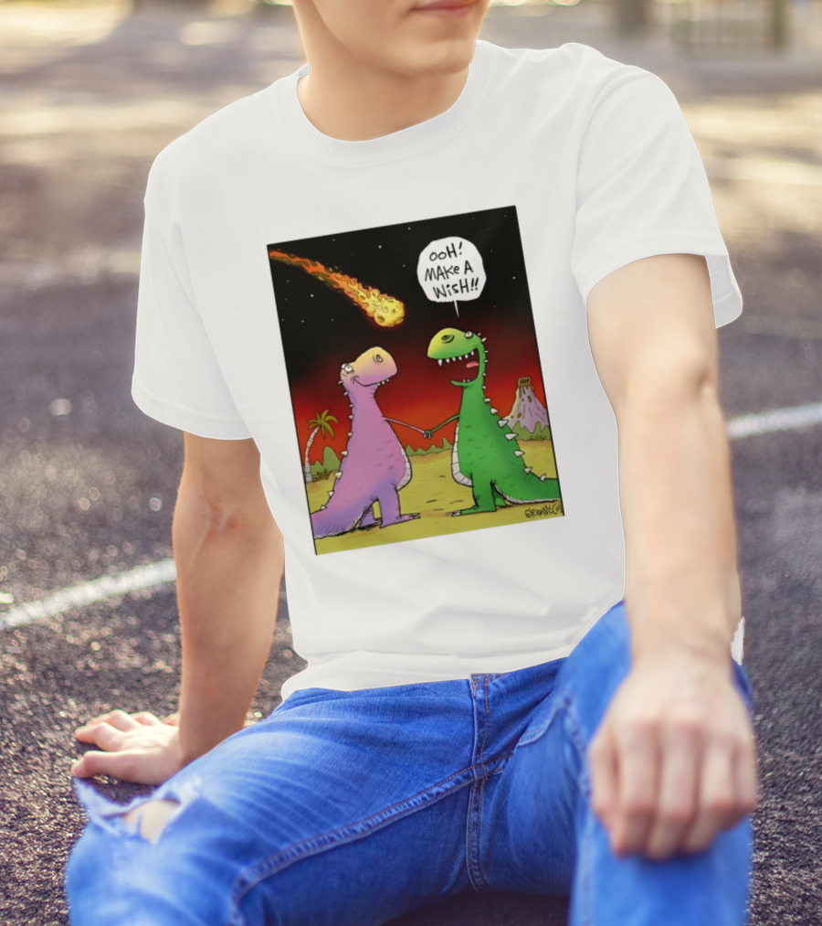 Glenn Mccoy Dinosaur Cartoon Ooh Make A Wish Meteorite Scene T-Shirt