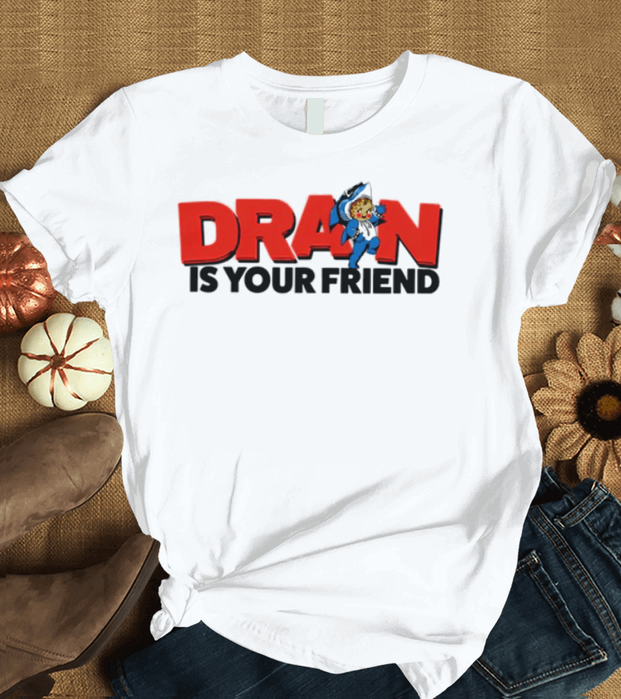 Drain Kewpie Friend In Red Block Letters With Cartoon Character T-Shirt