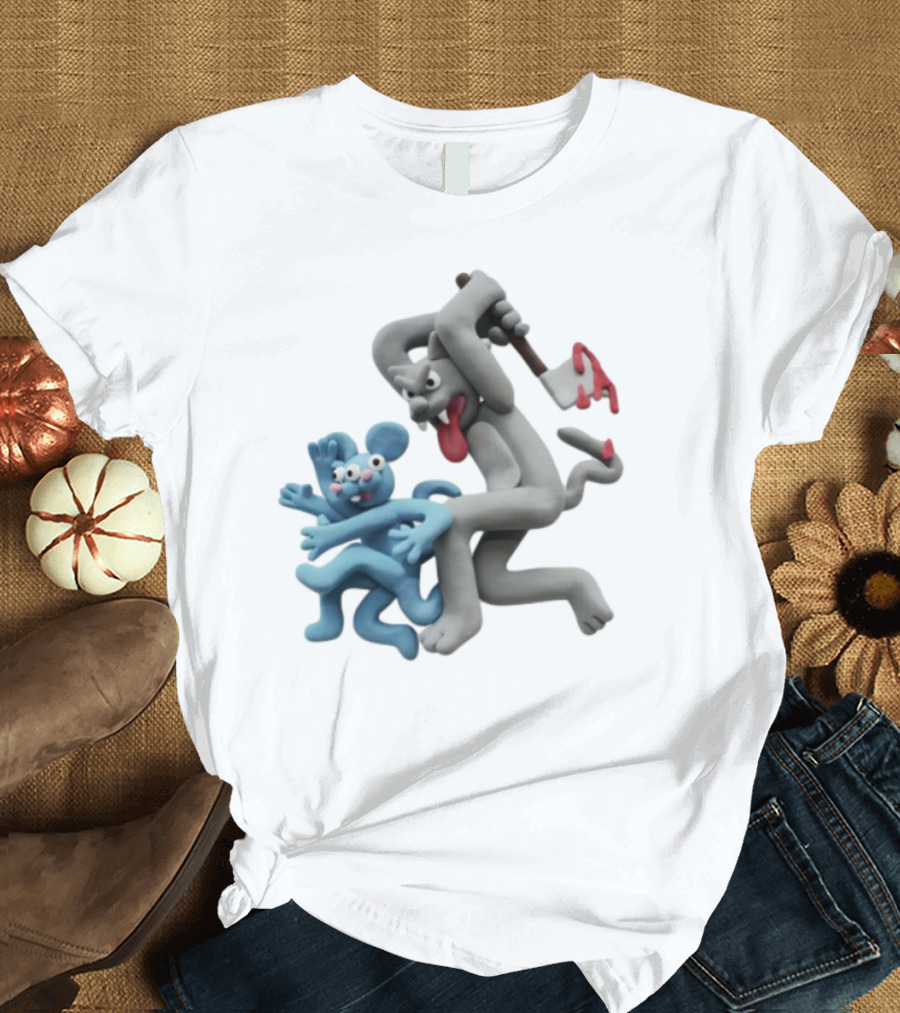 Spooky Woods Cat Mouse Claymation Horror Scene T-Shirt