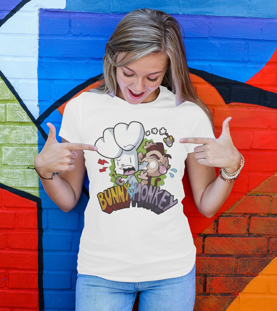 Bunny Vs Monkey Cartoon Rivalry Comic Style T-Shirt