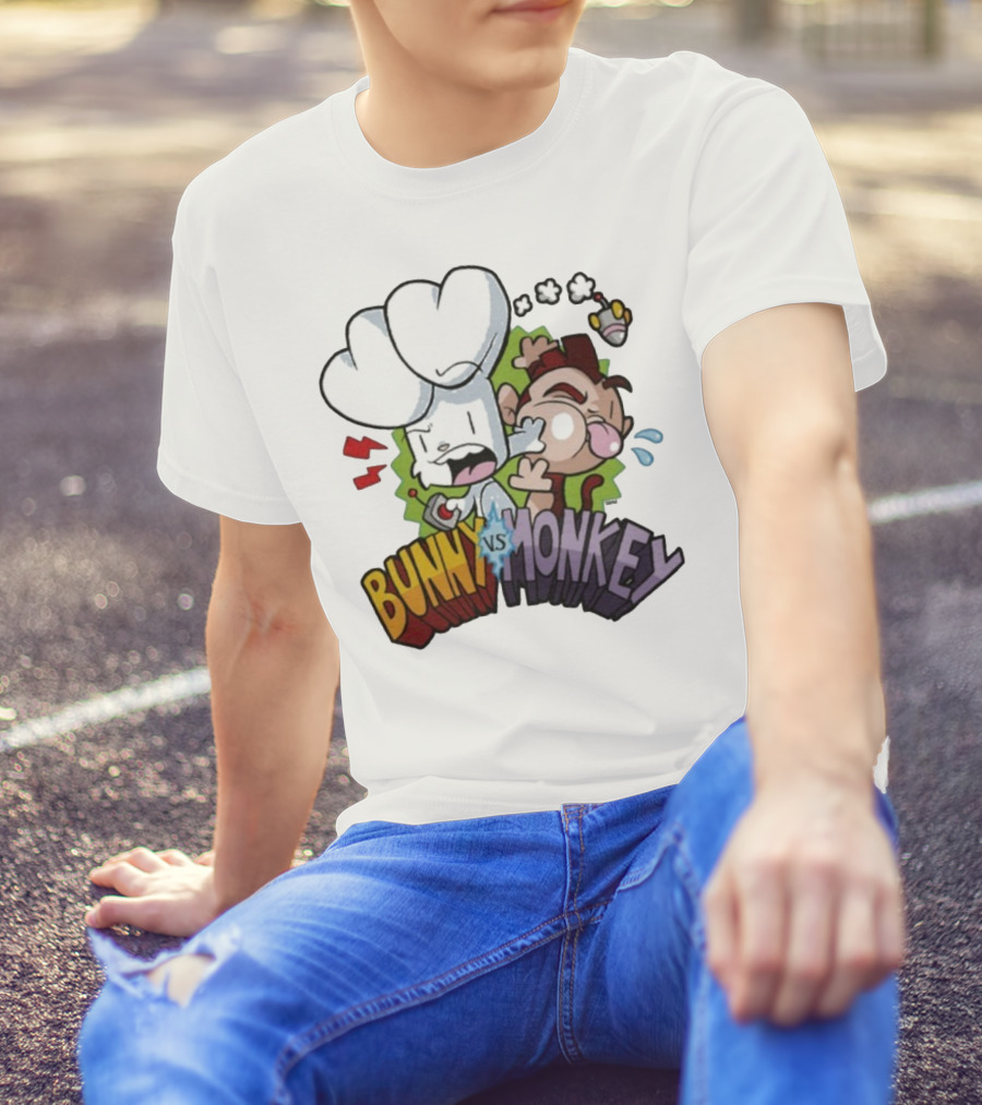 Bunny Vs Monkey Cartoon Rivalry Comic Style T-Shirt