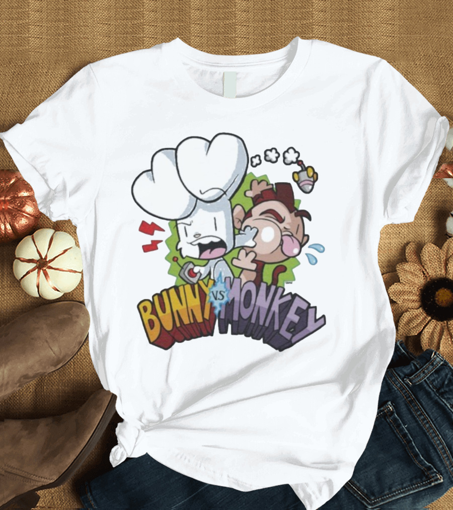 Bunny Vs Monkey Cartoon Rivalry Comic Style T-Shirt